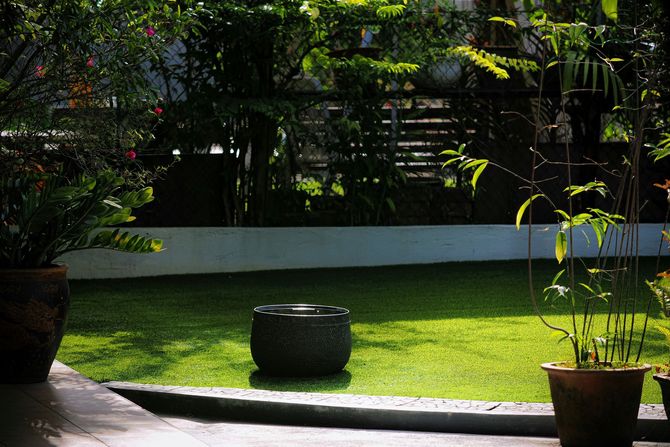 A small, round black water feature sits in the middle of a manicured green lawn, surrounded by potted plants and trees.
