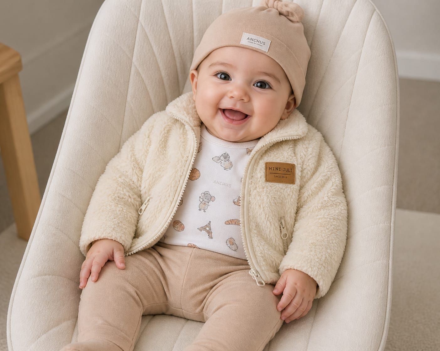 Chaqueta de pelo sintético color crema con cremallera, mangas cortas y un pequeño parche en el pecho.