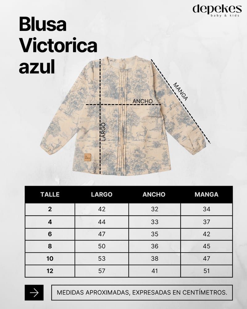 Camisa de manga larga color crema con botones, estampado floral azul y una mancha marrón