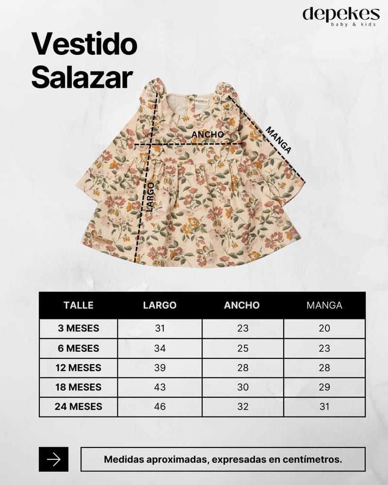 Vestido floral para niña pequeña con hombros con volantes en tonos crema, rosa y naranja.