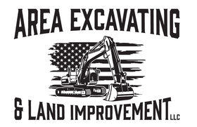 A black and white logo for area excavating and land improvement llc.