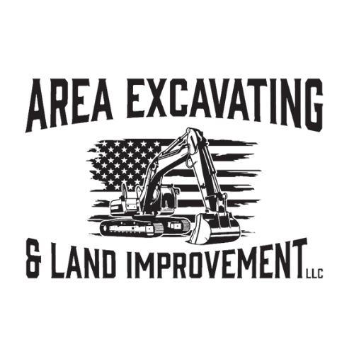 A black and white logo for area excavating and land improvement llc.