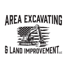 A black and white logo for area excavating and land improvement llc.