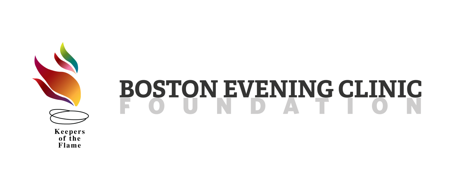 Logo of Boston Evening Clinic Foundation, a torch with colorful flames and text 