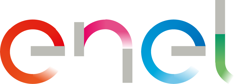 Enel logo: red, pink, blue, green gradient letters with gray horizontal lines.