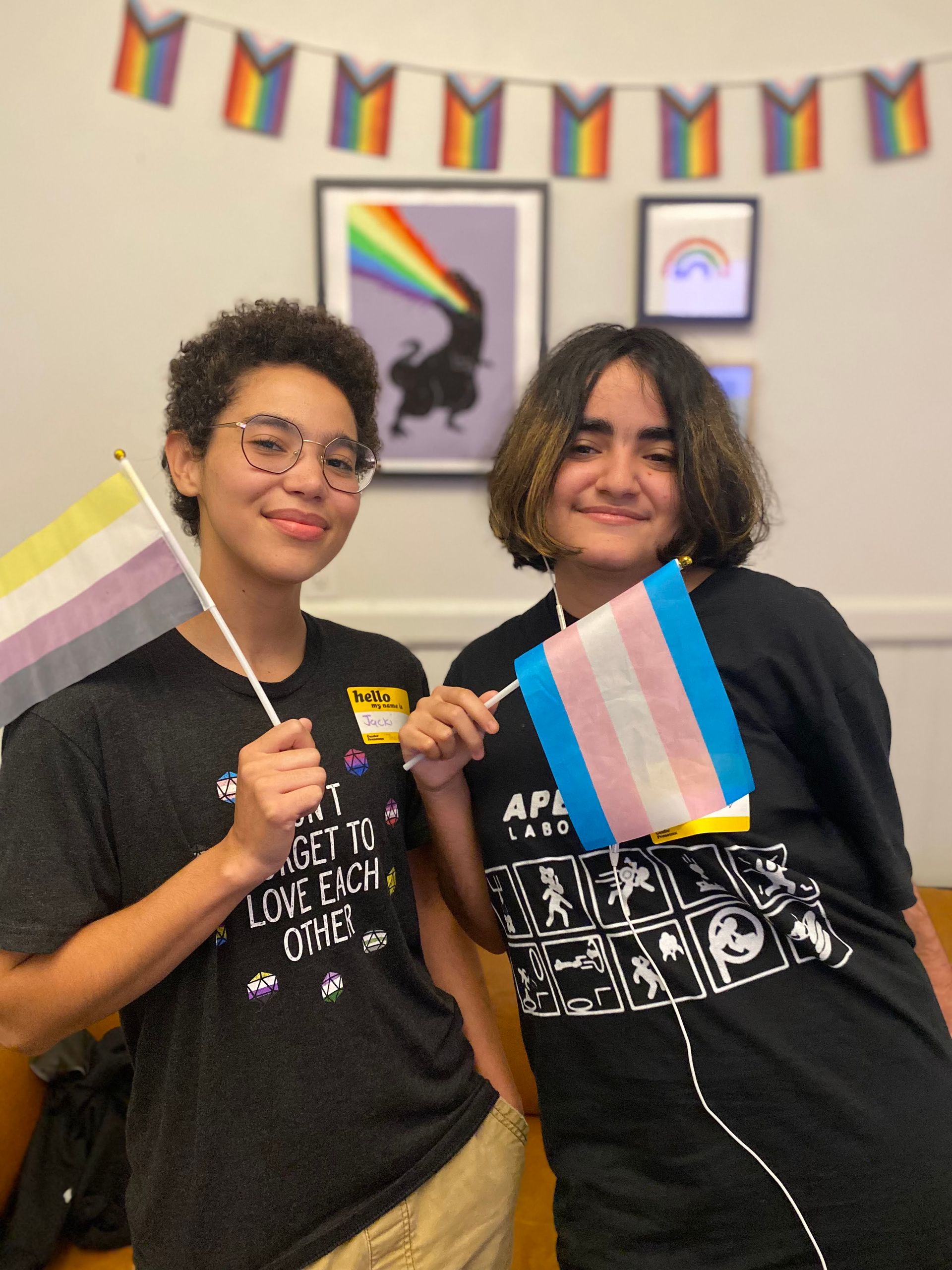 Two people holding flags, smiling. One holds a nonbinary flag, the other a trans flag, with rainbow decor in the background.
