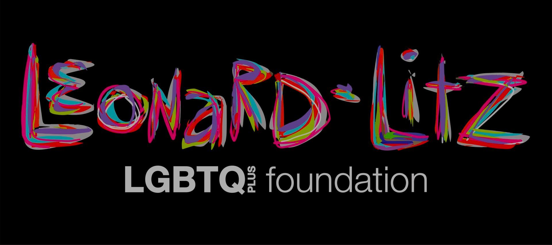 Logo for Leonard-Litz LGBTQ foundation. Text is multi-colored on a black background.