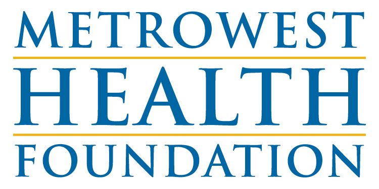 Logo of Metrowest Health Foundation in white text on a blue background, with a yellow stripe at the top.
