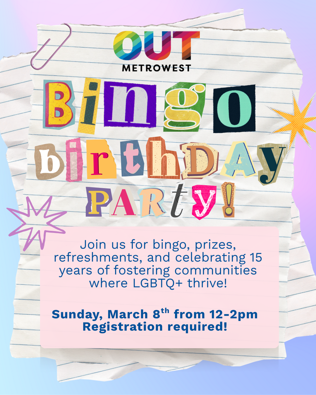 Poster for OUT MetroWest Bingo Birthday Party on March 8th, with text and colorful decorations.