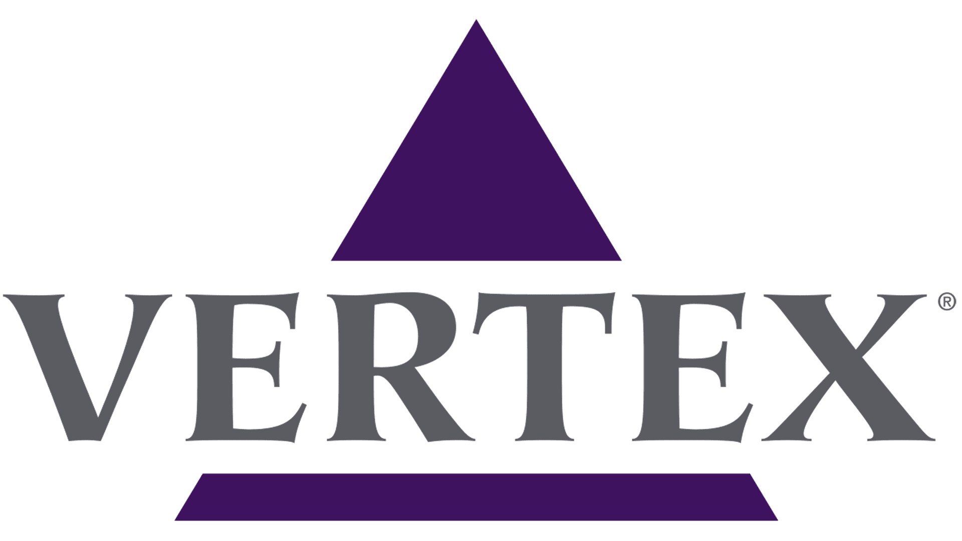 Logo for Vertex, featuring purple triangle over gray word 