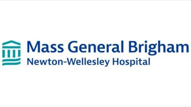 Logo for Mass General Brigham Newton-Wellesley Hospital. Blue and green emblem with text.