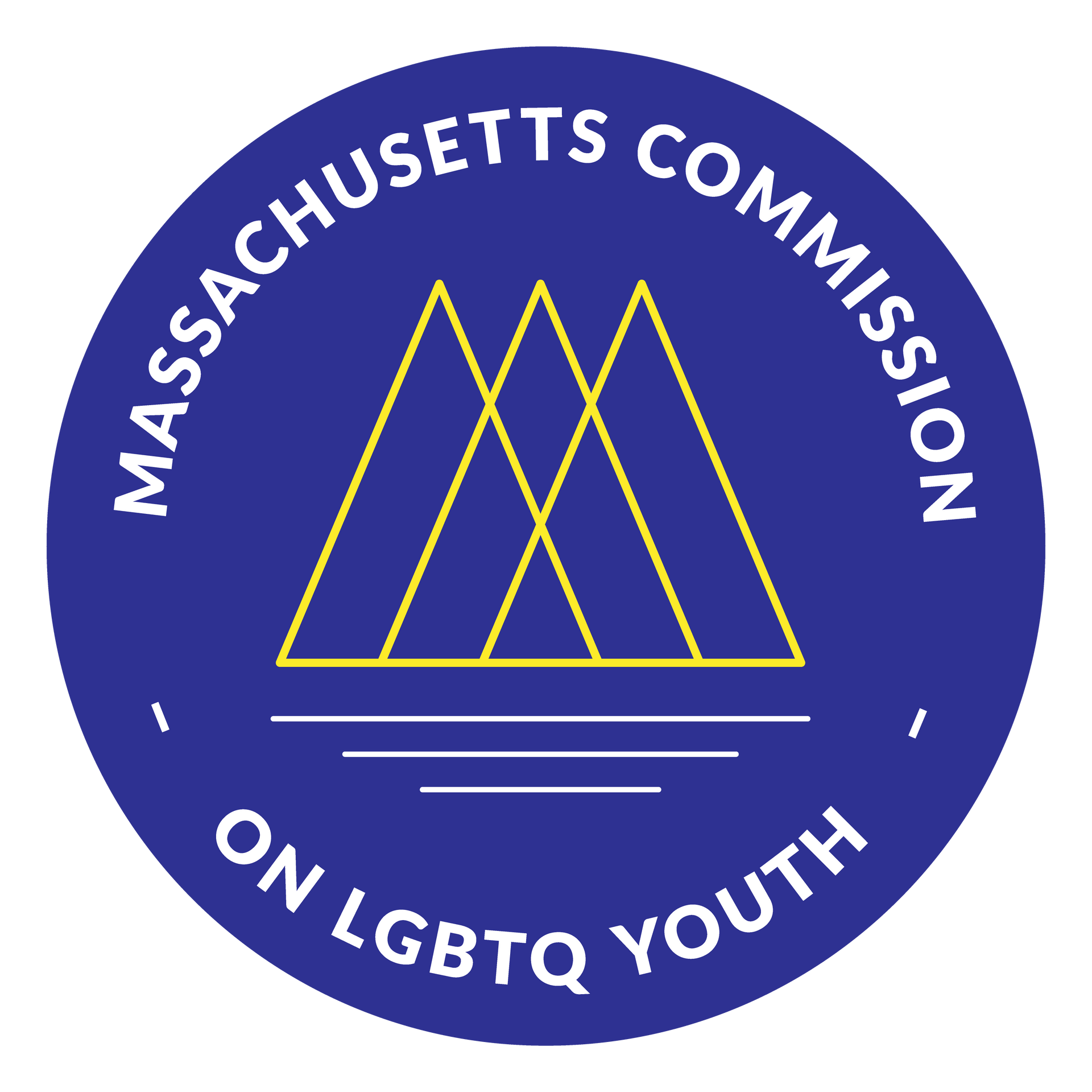 Blue circular logo of the Massachusetts Commission on LGBTQ Youth: Text, three gold triangles over a horizontal line.