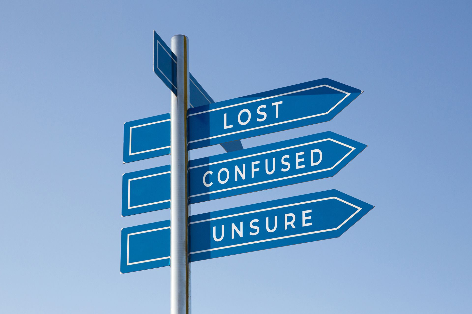 Blue sign against a blue background with the words Lost, Confused and Unsure