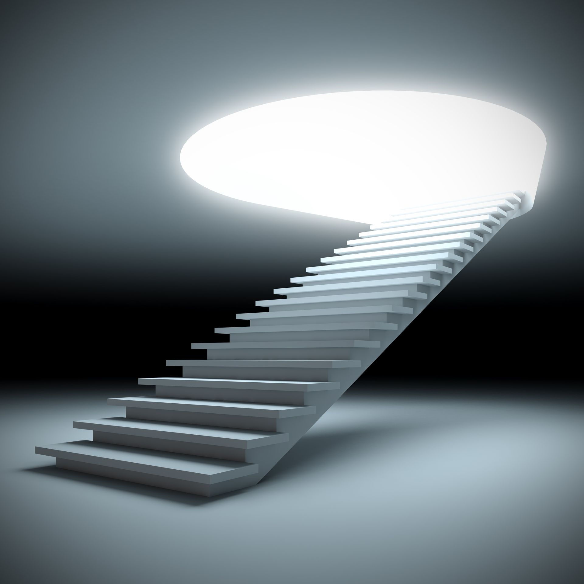 Staircase ascending into a bright, round opening in a dark room.