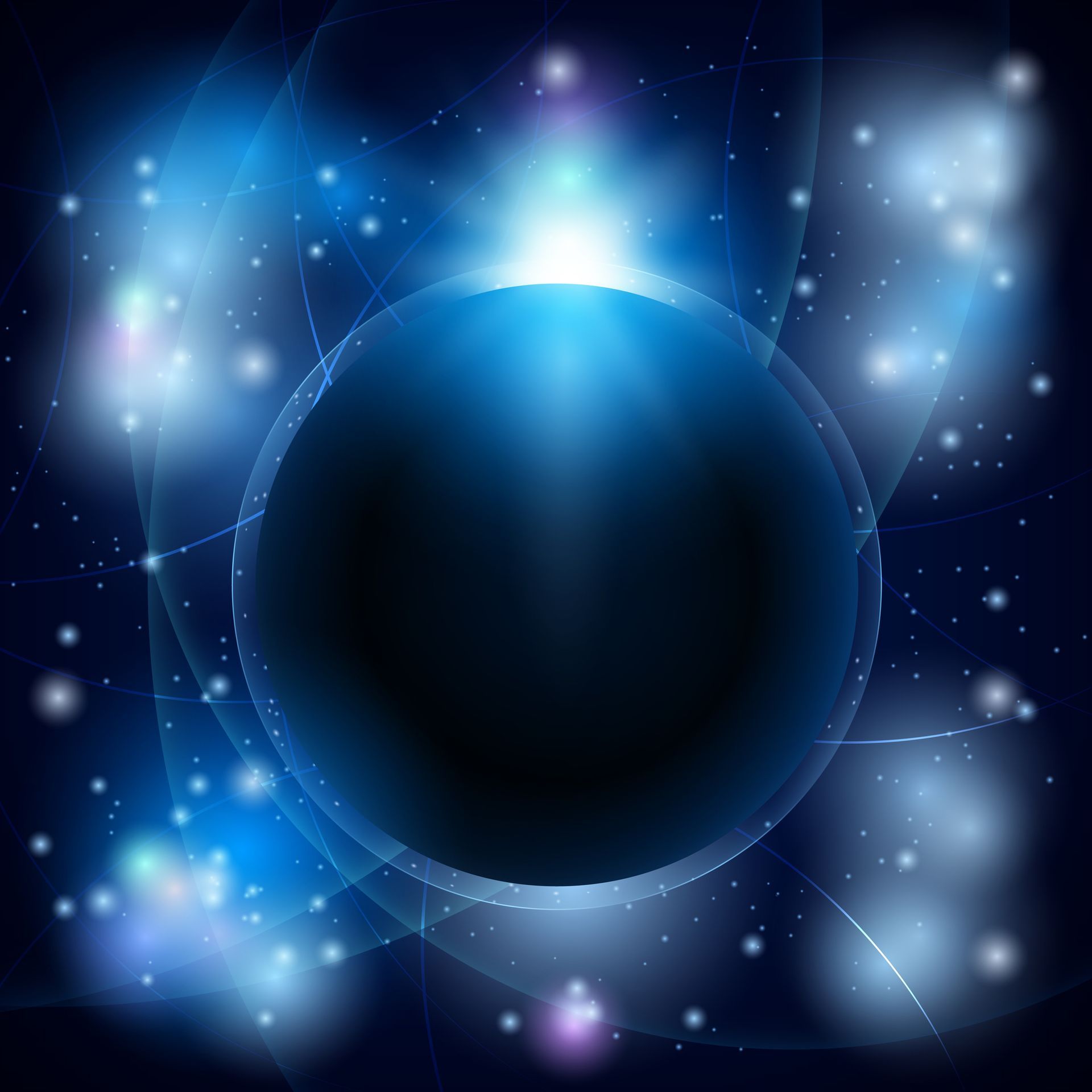 Dark blue sphere with glowing light in space, surrounded by stars.