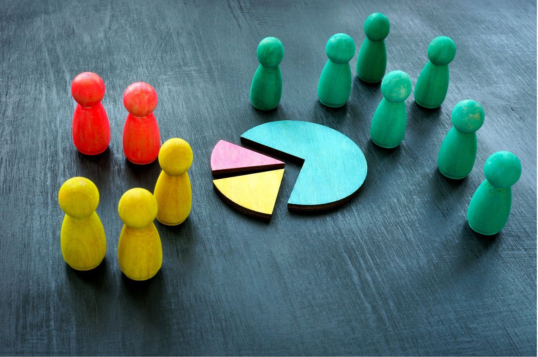 Wooden figures in red, yellow, and green surrounding a pie chart on a dark surface, representing data distribution.