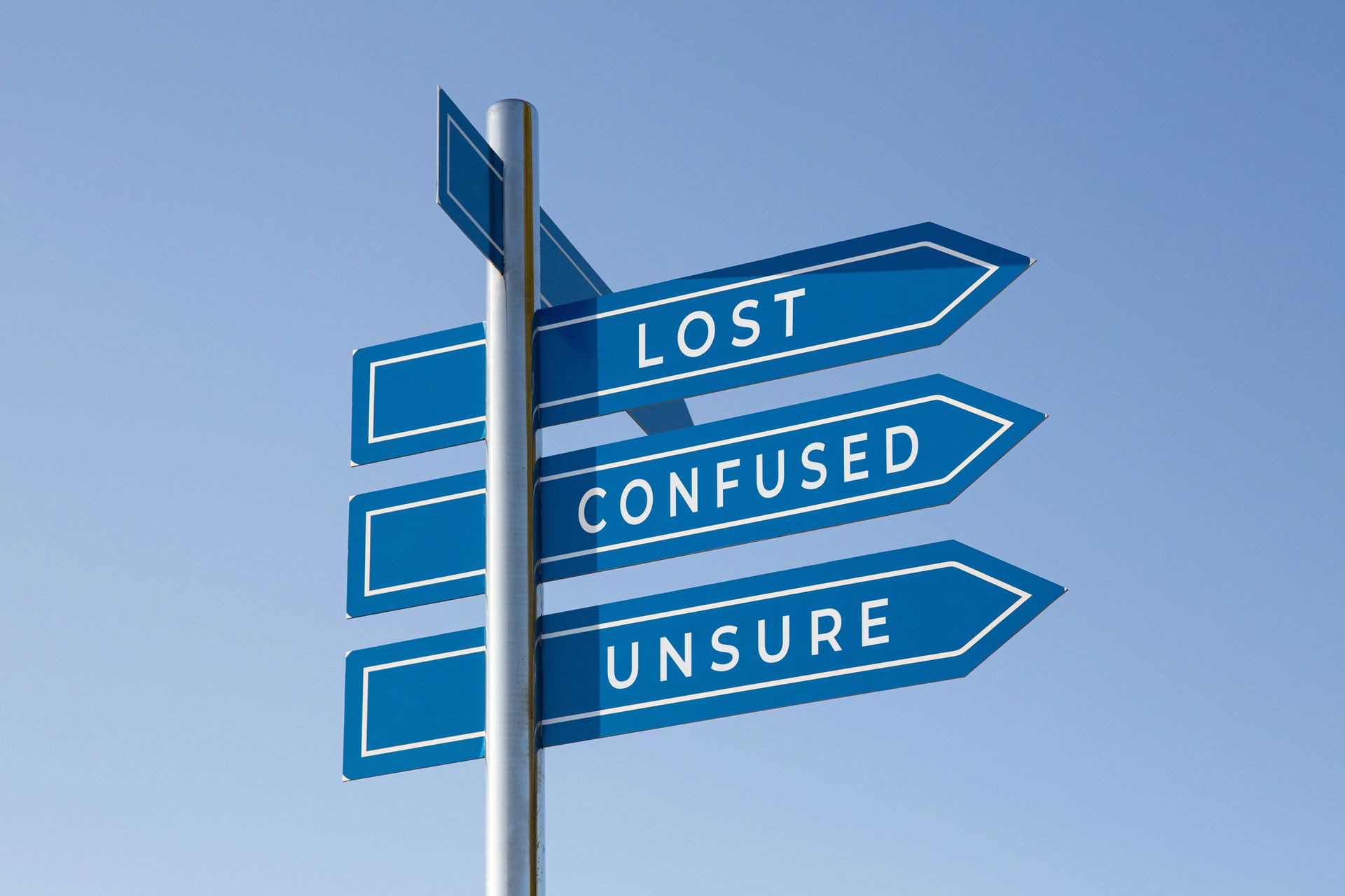 Blue sign against a blue background with the words Lost, Confused and Unsure