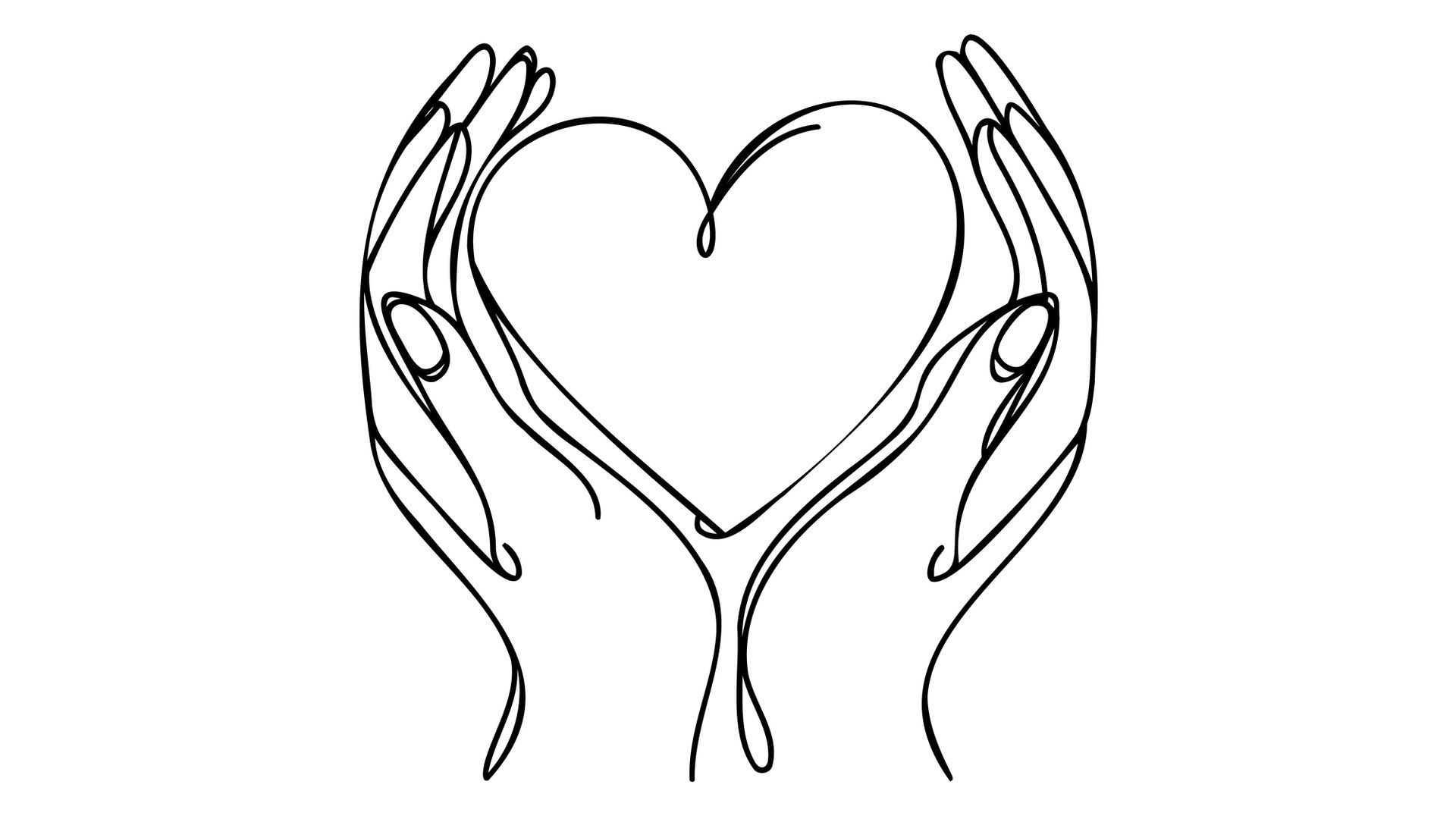 Two hands cupping a heart, depicted with a single continuous line.
