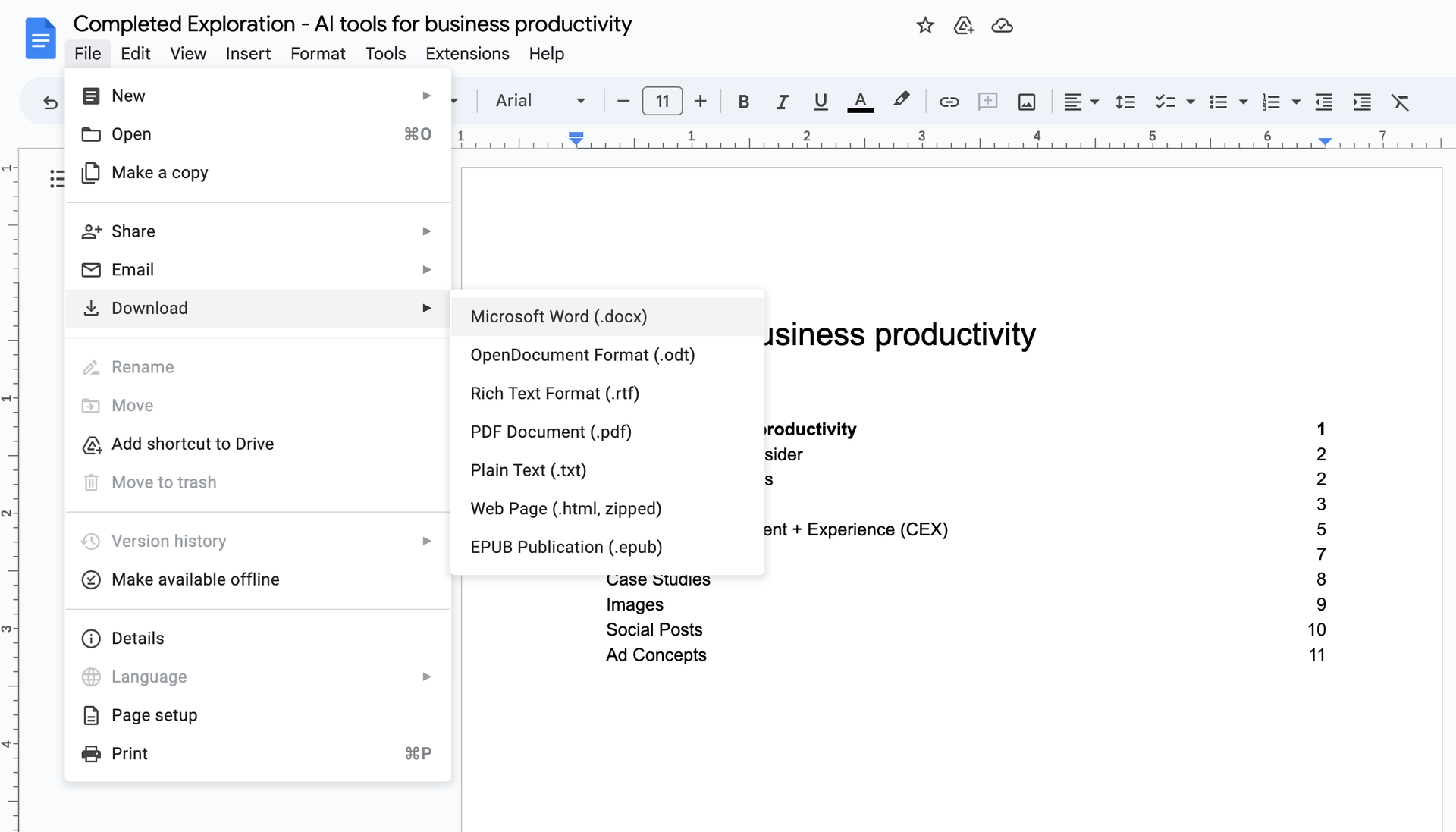 A screenshot of a google docs document being edited.