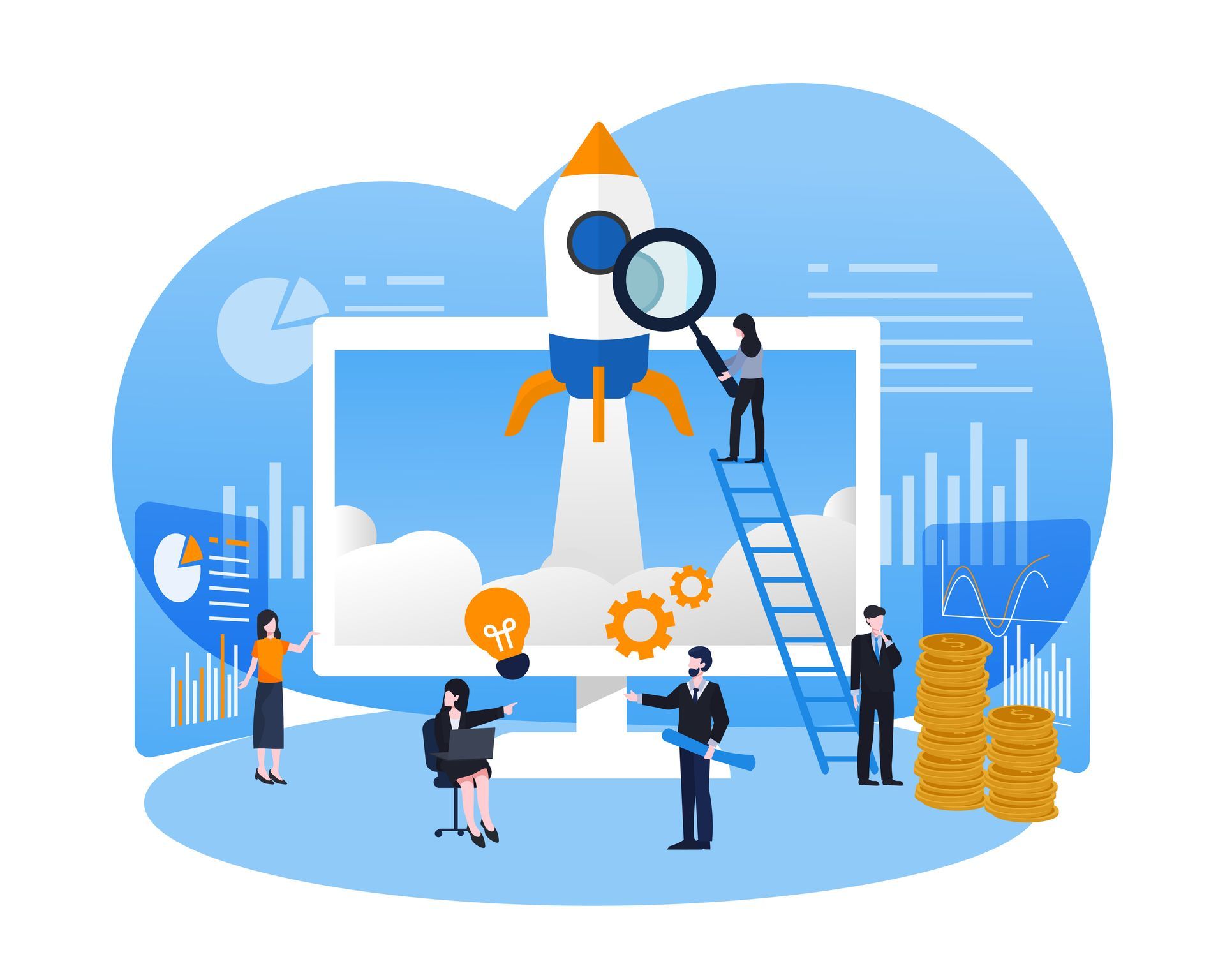 A group of people are standing around a computer monitor with a rocket coming out of it.