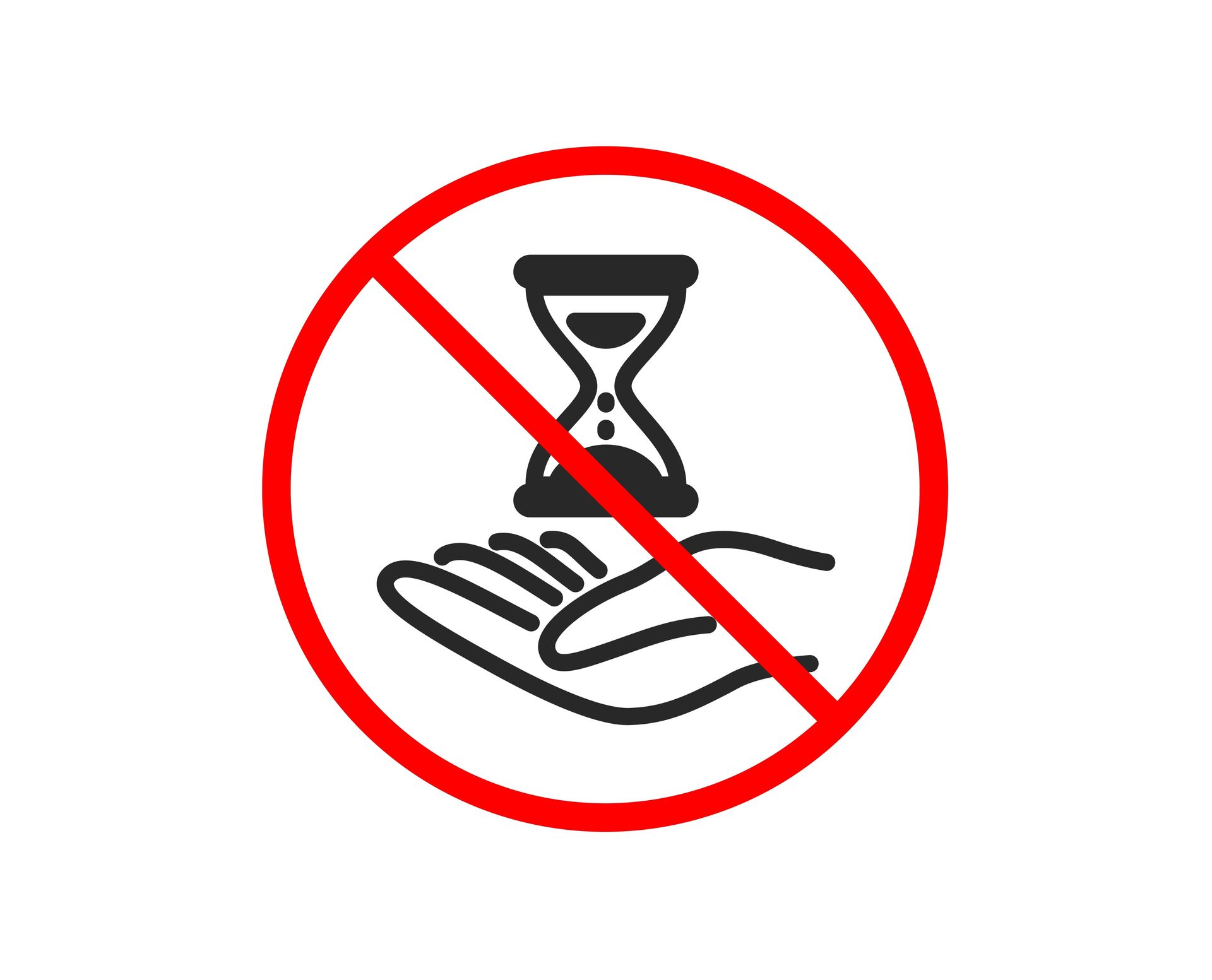 A hand holding an hourglass in a red circle with a cross through it.