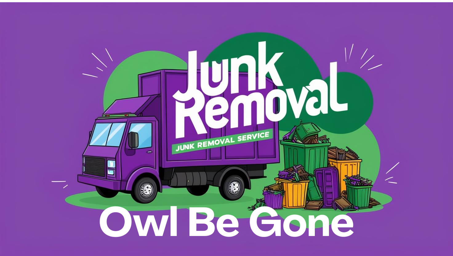 A purple truck with the words `` junk removal owl be gone '' on it.
