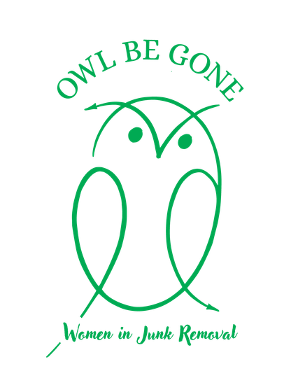 A green owl is surrounded by the words owl be gone women in junk removal