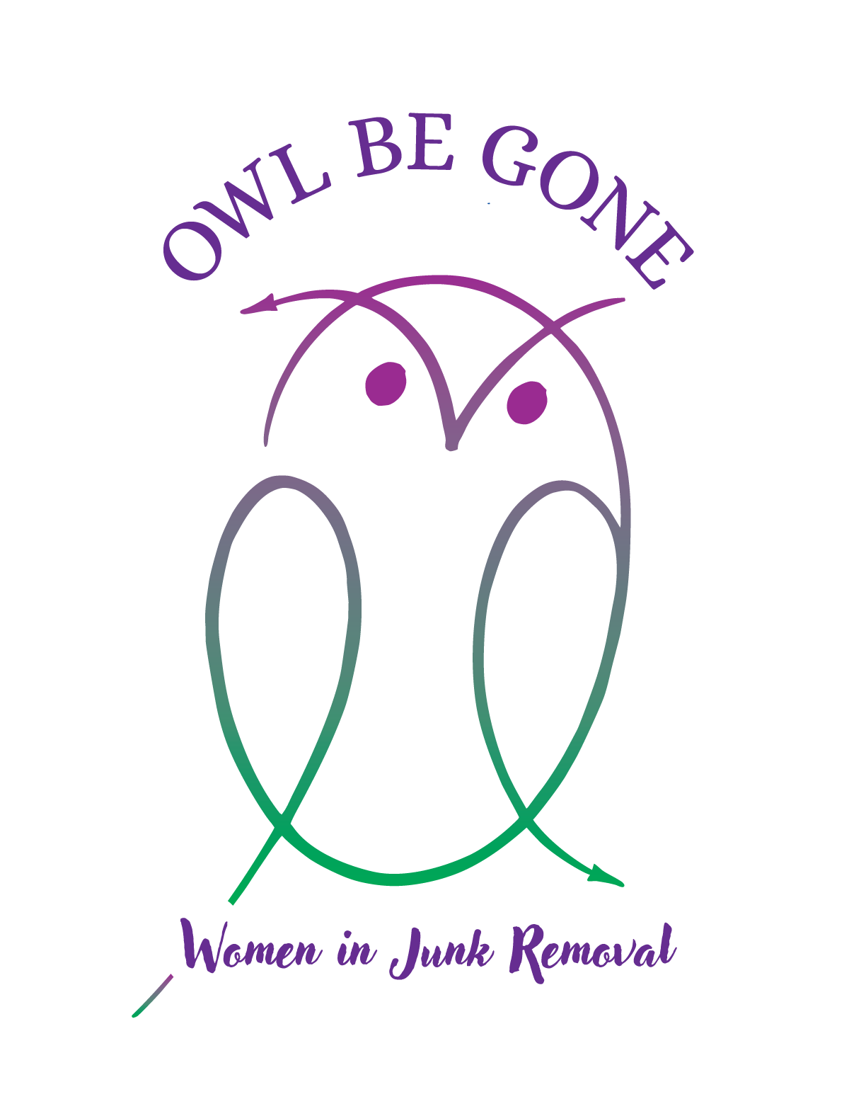 A logo for owl be gone women in junk removal.