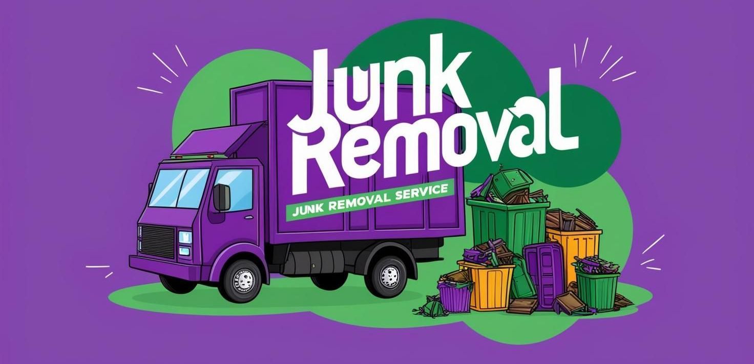 A purple junk removal truck is parked next to a pile of trash.