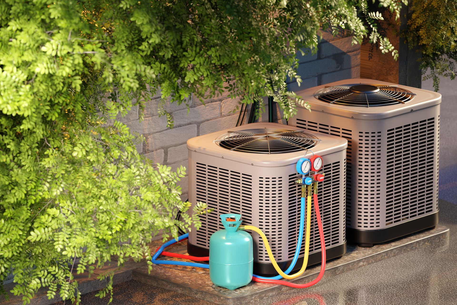 Two beige HVAC units sit on a concrete pad outdoors, with a refrigerant canister and gauges attached to one unit.