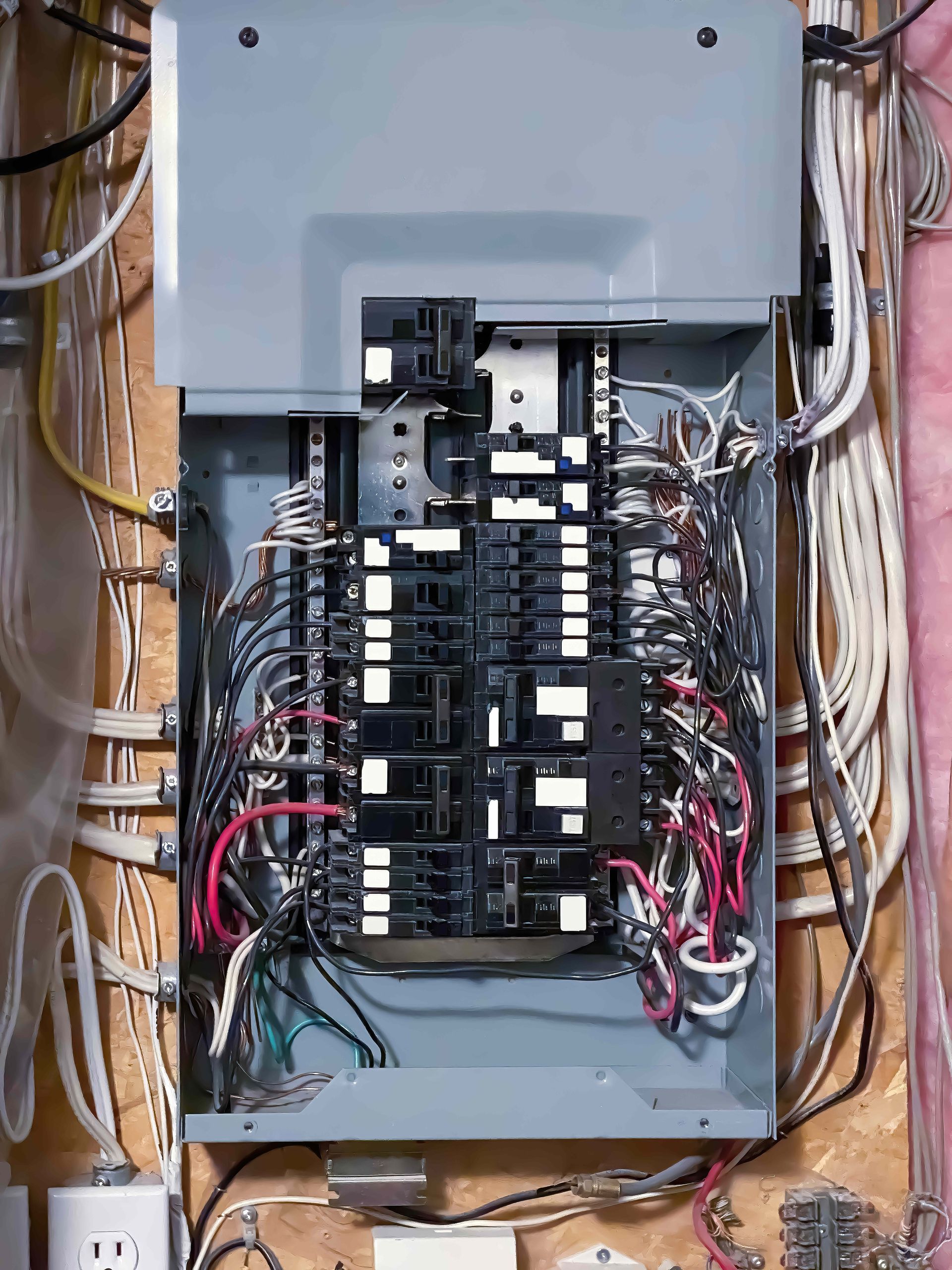 An open electrical service panel mounted on a wooden wall, showing circuit breakers and various connected electrical wires.