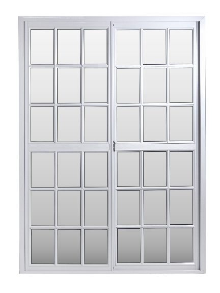 Puerta corredera de cristal blanca con un diseño decorativo de cuadrícula formado por 24 paneles rectangulares.