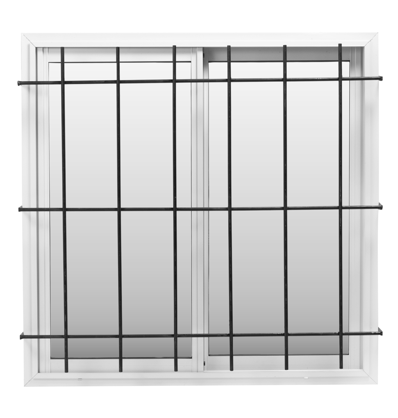 Una ventana corrediza con marco blanco, cubierta por una reja de seguridad de metal negro con un diseño de cuadrícula.