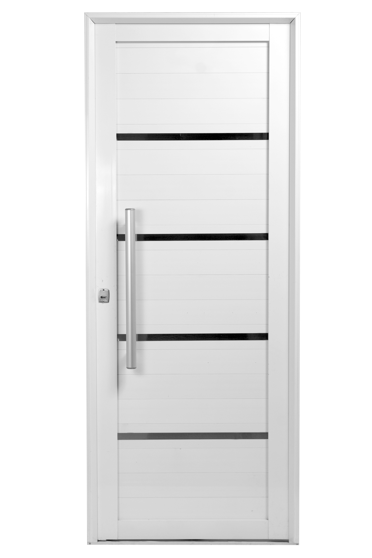 Una puerta de entrada moderna de color blanco con franjas horizontales negras que la adornan y una manija vertical plateada.