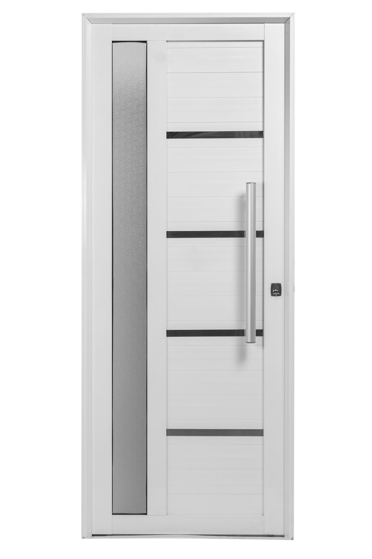 Una moderna puerta de entrada blanca con un panel de vidrio esmerilado vertical a la izquierda y una manija larga plateada.