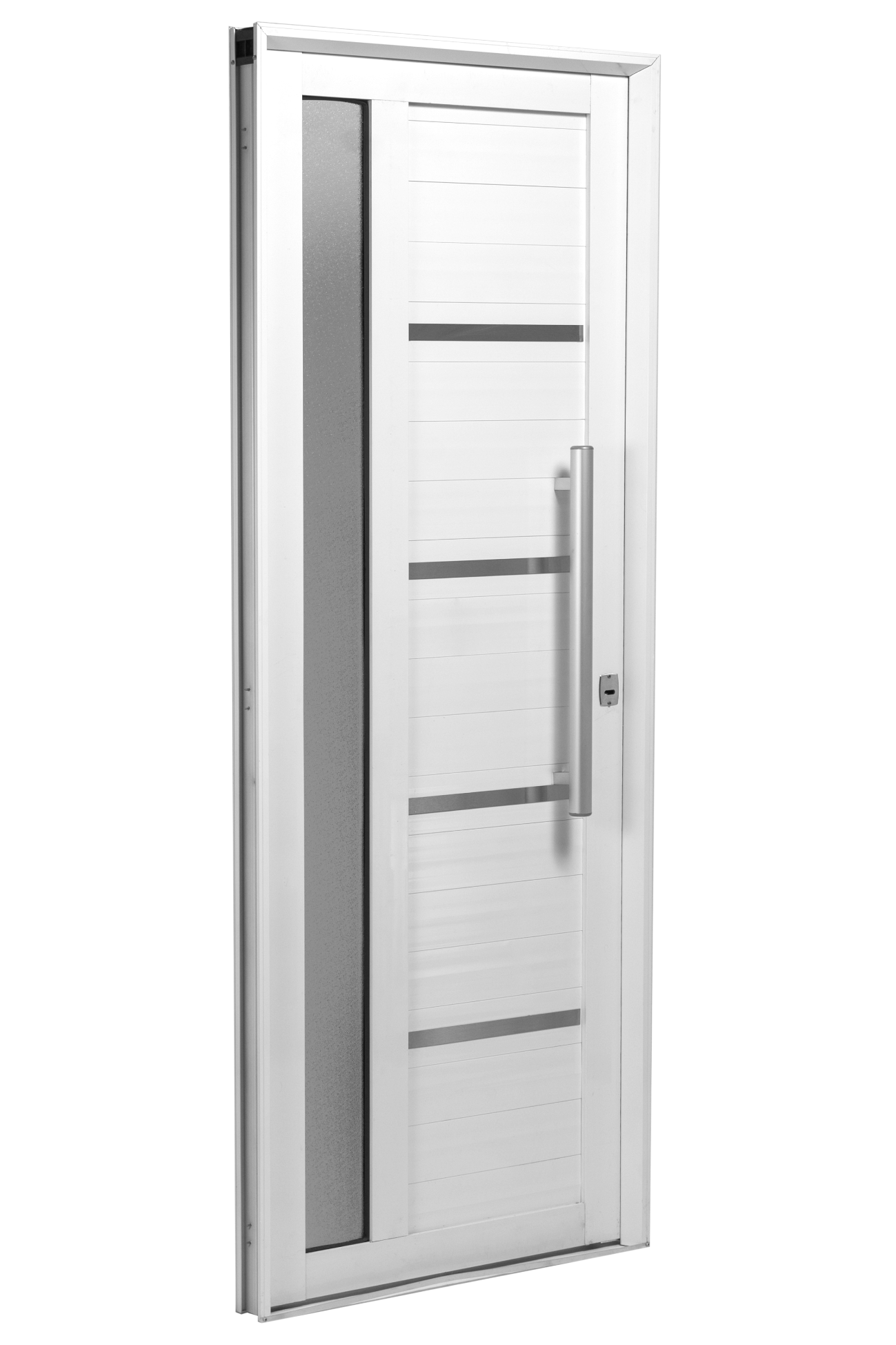 Una moderna puerta de entrada blanca con un panel de vidrio esmerilado vertical a la izquierda y una manija larga plateada.