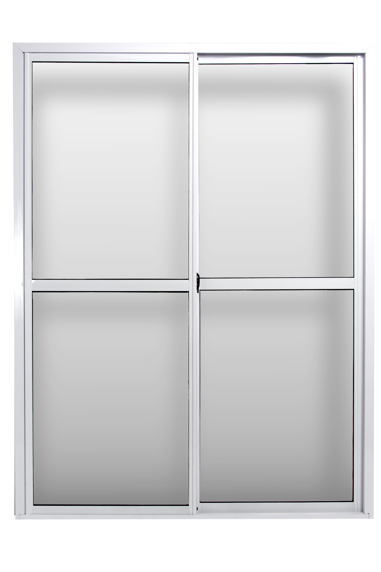 Una ventana corredera con marco blanco y cuatro paneles de vidrio rectangulares sobre un fondo liso.