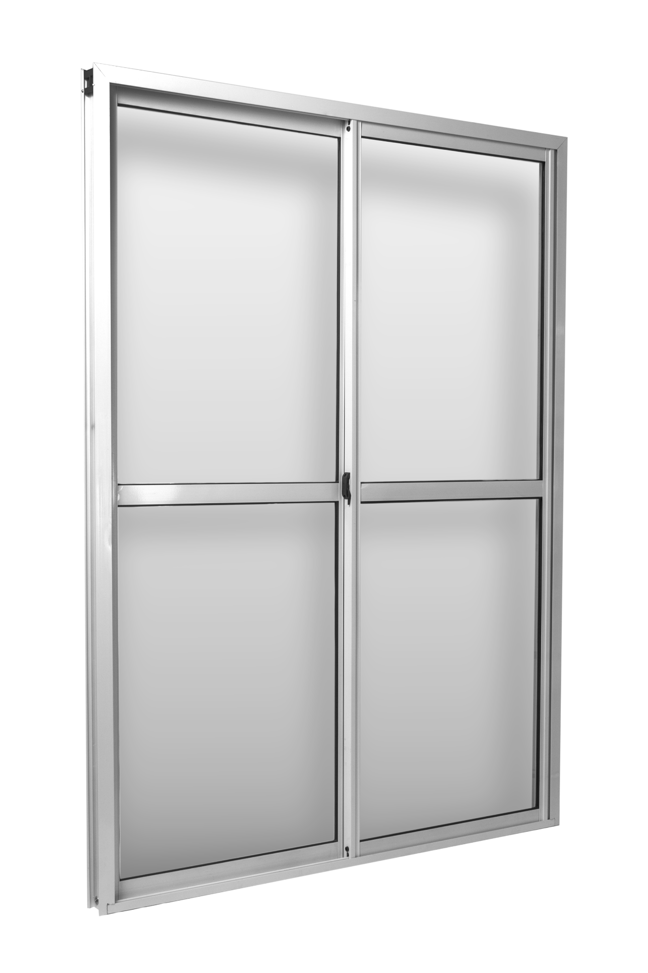 Una ventana corredera con marco blanco y cuatro paneles de vidrio rectangulares sobre un fondo liso.