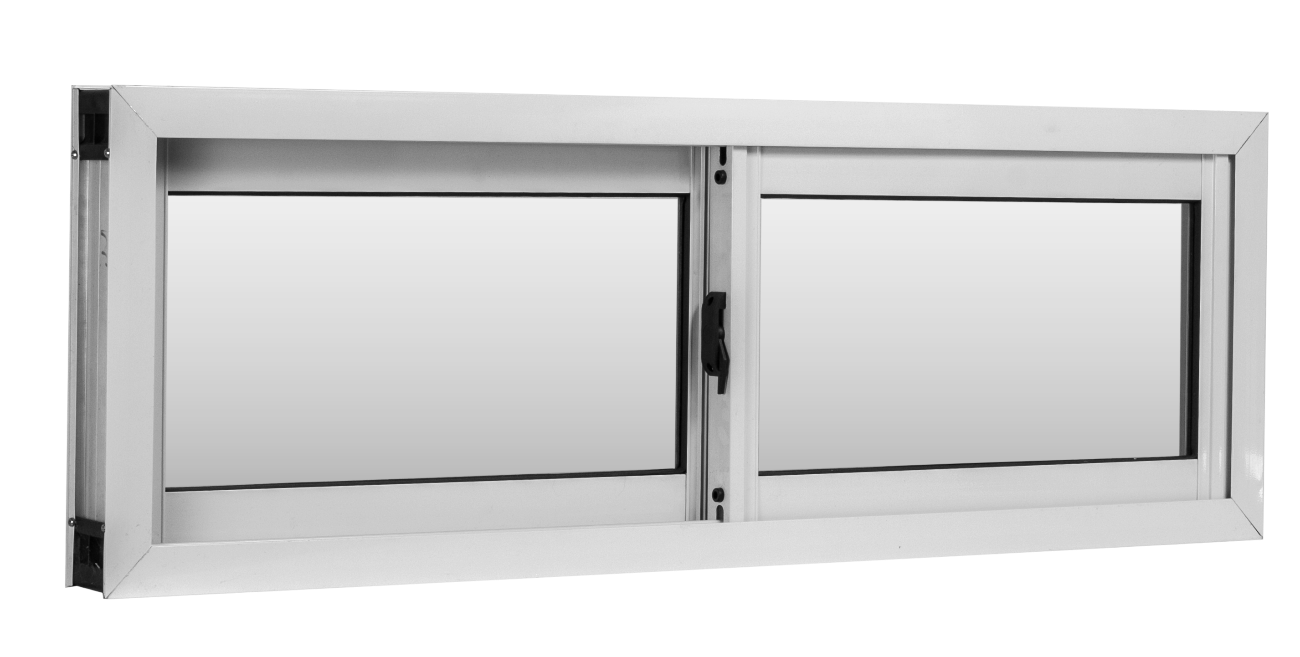 Una ventana corredera horizontal de color blanco con dos paneles de vidrio y un pestillo central.