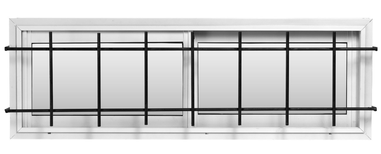 Un marco de ventana rectangular blanco con una rejilla de seguridad de metal negro instalada en la parte frontal.