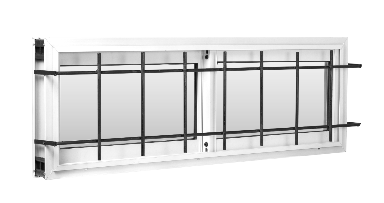 Un marco de ventana rectangular blanco con una rejilla de seguridad de metal negro instalada en la parte frontal.