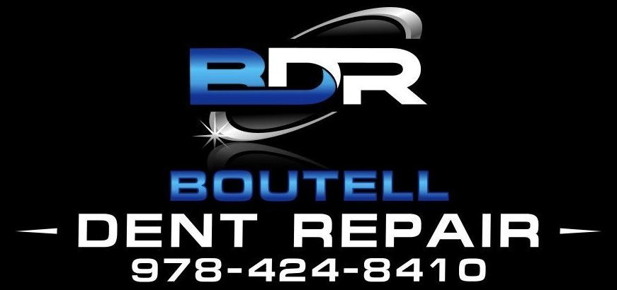 Logo for Boutell Dent Repair. Blue and white BDR letters on black, phone number 978-424-8410.