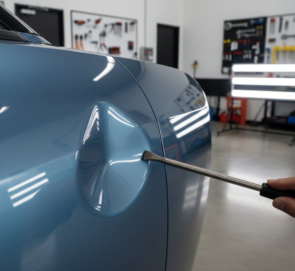 Person uses tool to remove a dent from a light blue car fender in a workshop.