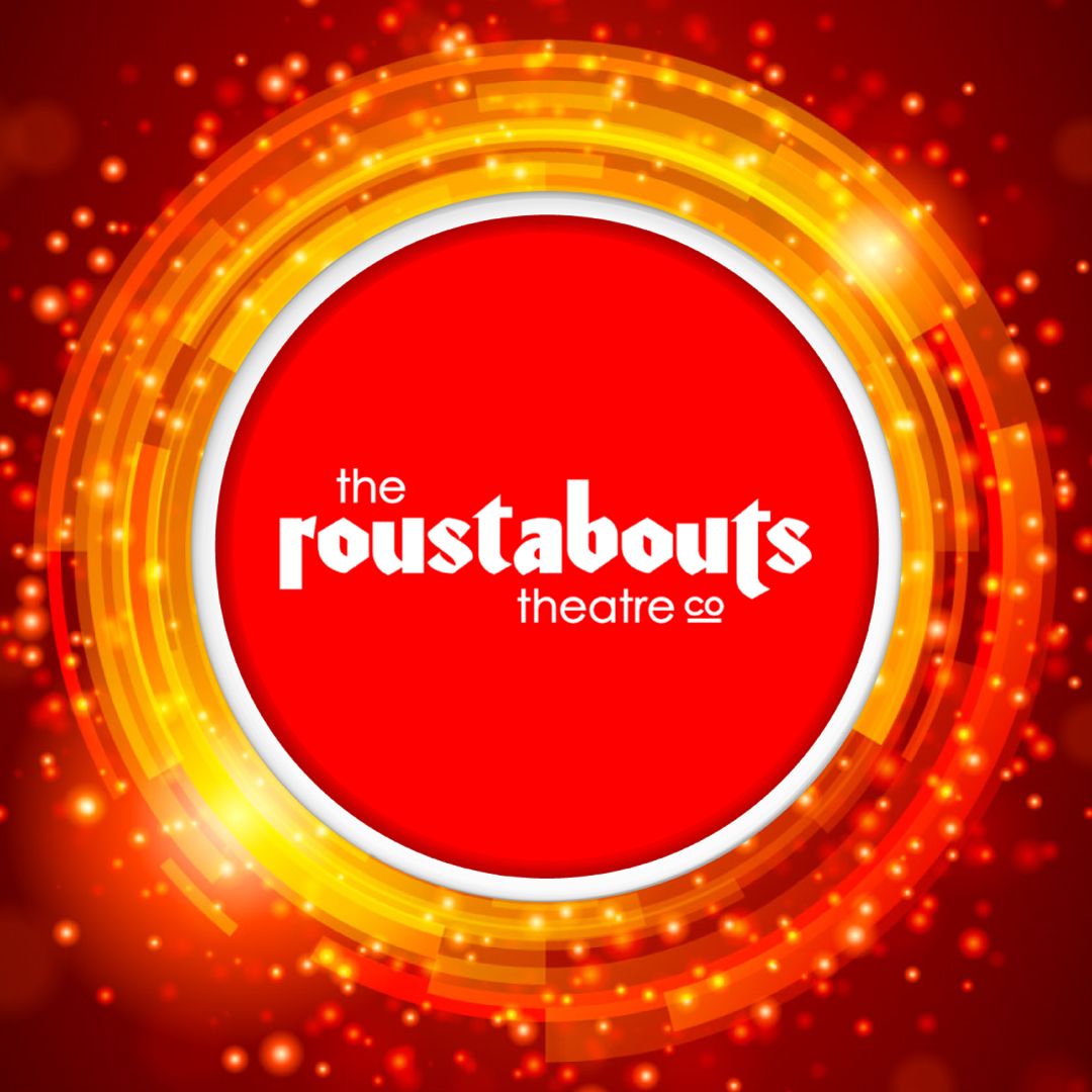 a red circle with the words the roustabouts theatre on it