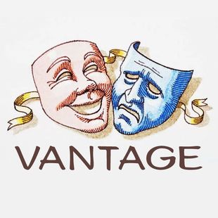 A logo for Vantage Theatre Co. with two masks on it.