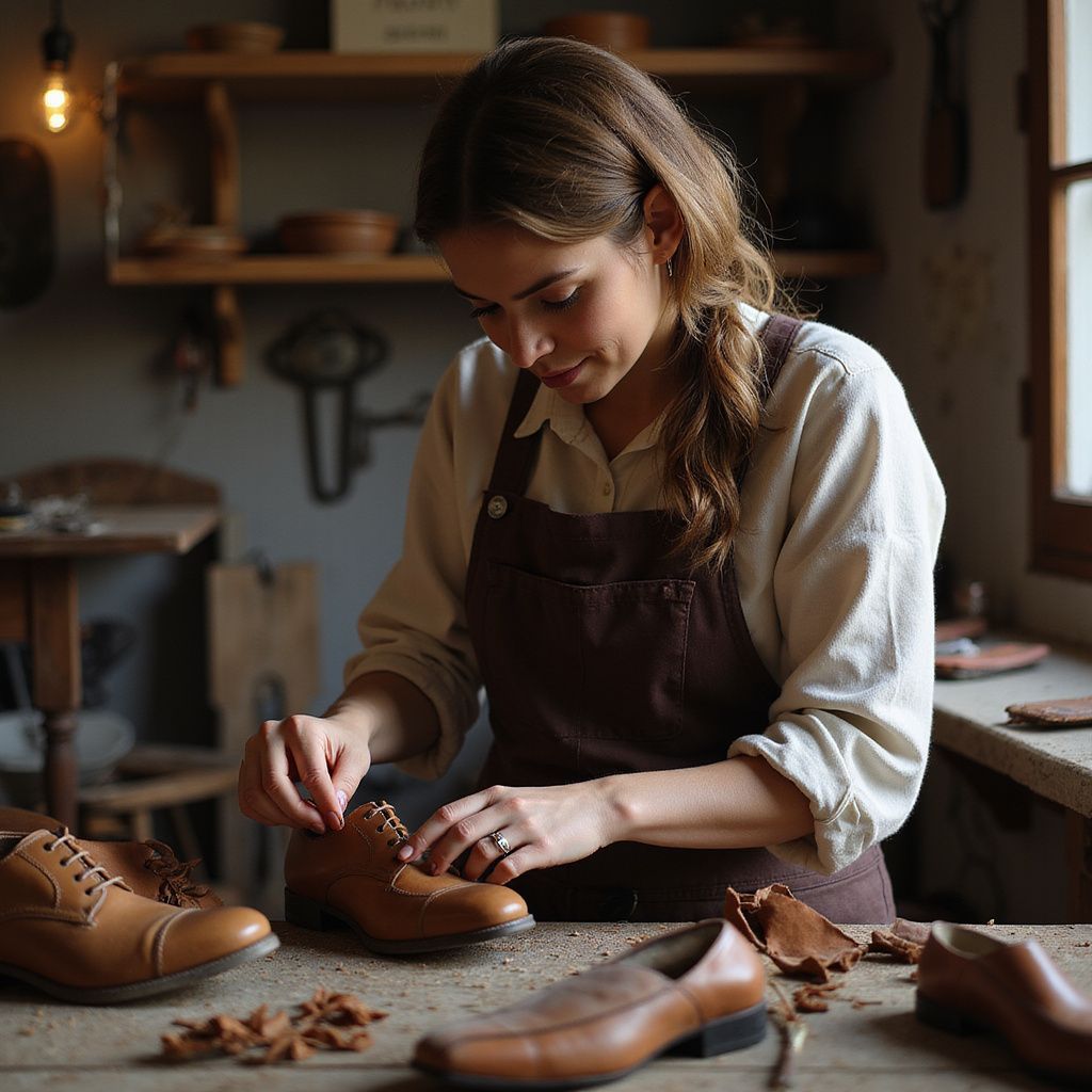 Donna con grembiule, calzolaia, al lavoro su una scarpa di cuoio in un laboratorio. Toni del marrone, espressione concentrata.