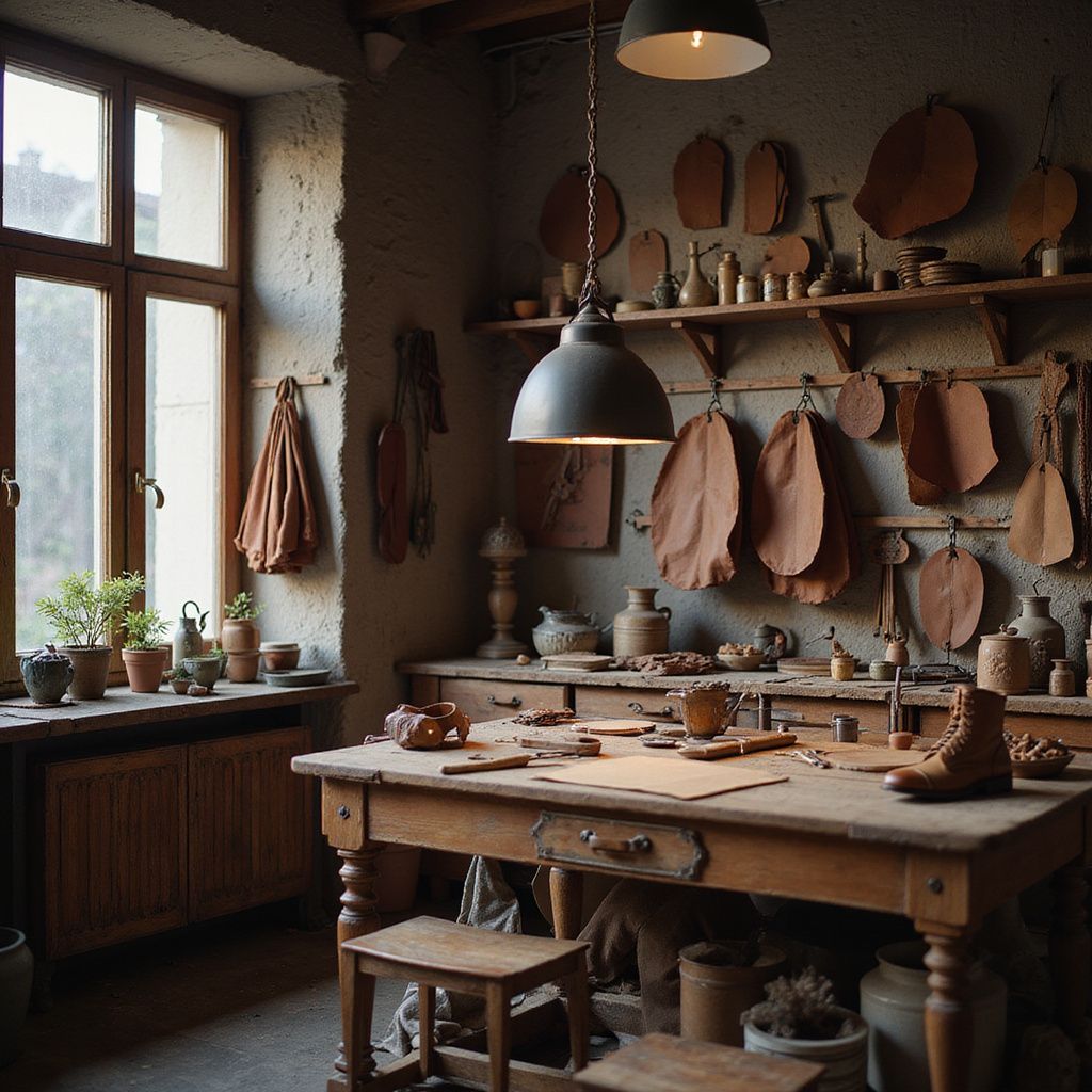 Laboratorio rustico con tavolo in legno, attrezzi e pelli. Finestra sulla sinistra.