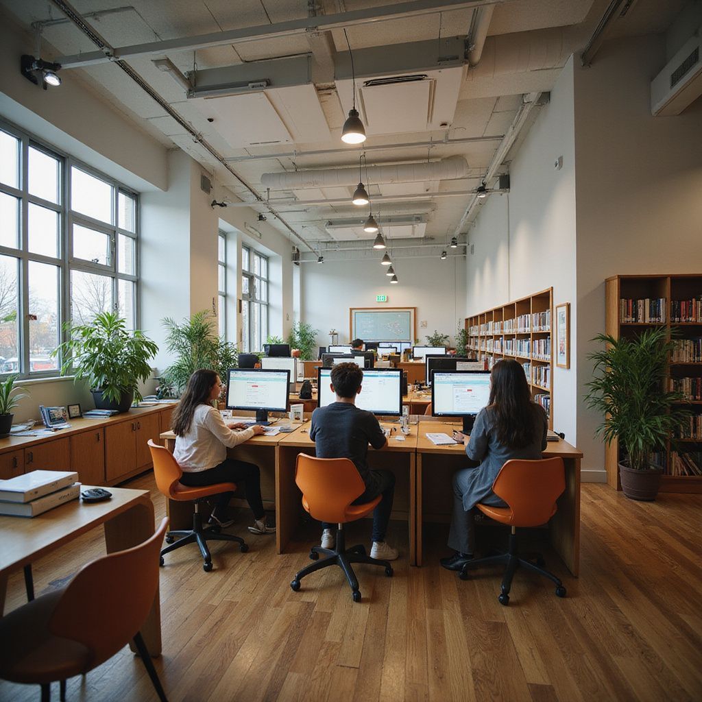 Three people working on computers in a library, bright space, wooden desks, bookshelves, plants.