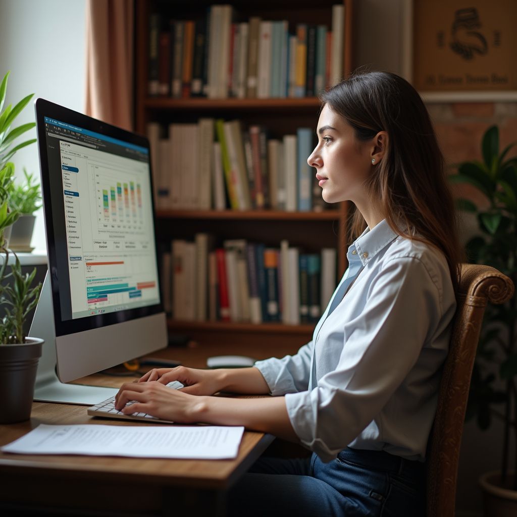 Woman working on computer at desk, analyzing data. Bookshelf in background.