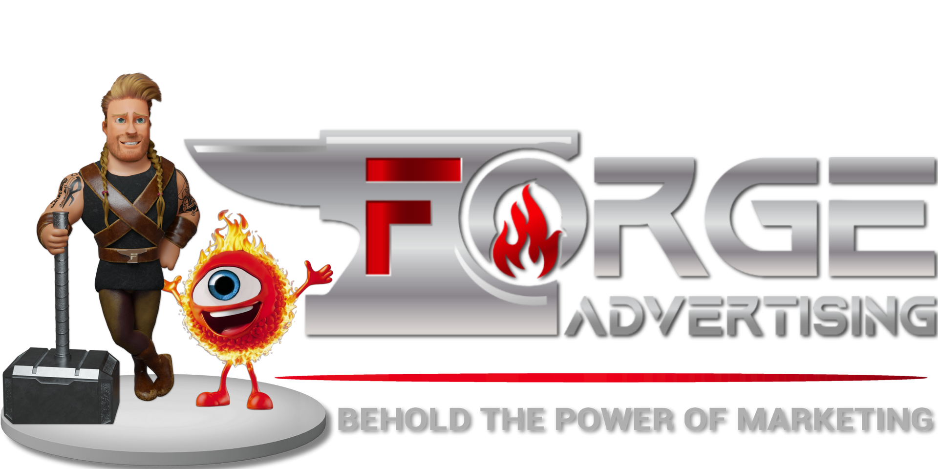 Logo with a cartoon blacksmith, fire-eye character, anvil, and